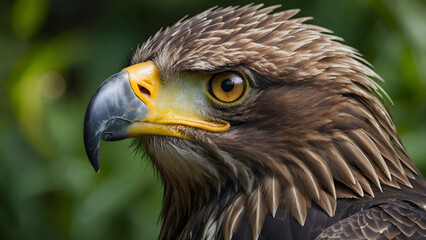 Obraz premium A close-up of an eagle's head, highlighting its piercing golden eyes and sharply curved beak, set against a softly blurred natural background of lush greenery, ultra-detailed and perfect for wildlife 