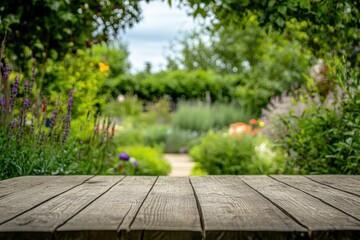 Rustic wooden table in front of a vibrant garden. (2)