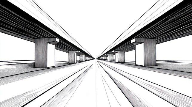 A minimalist illustration of parallel structures converging into the distance.