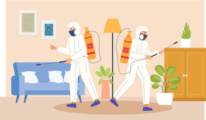 An illustration of a pest control team carrying out dual-action disinfection at a home. The team, wearing protective uniforms