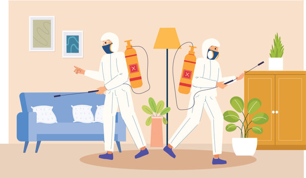An illustration of a pest control team carrying out dual-action disinfection at a home. The team, wearing protective uniforms
