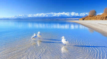 Serene Shore, Three Birds Resting on a Tranquil Beach with Majestic Mountain Backdrop under a Clear Blue Sky