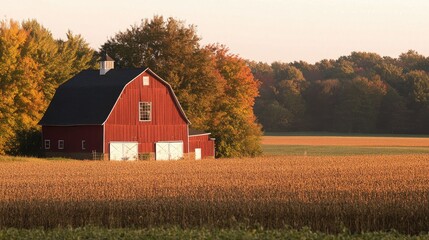 Obraz premium A picturesque rural scene featuring a vibrant red barn with a gray metal roof,