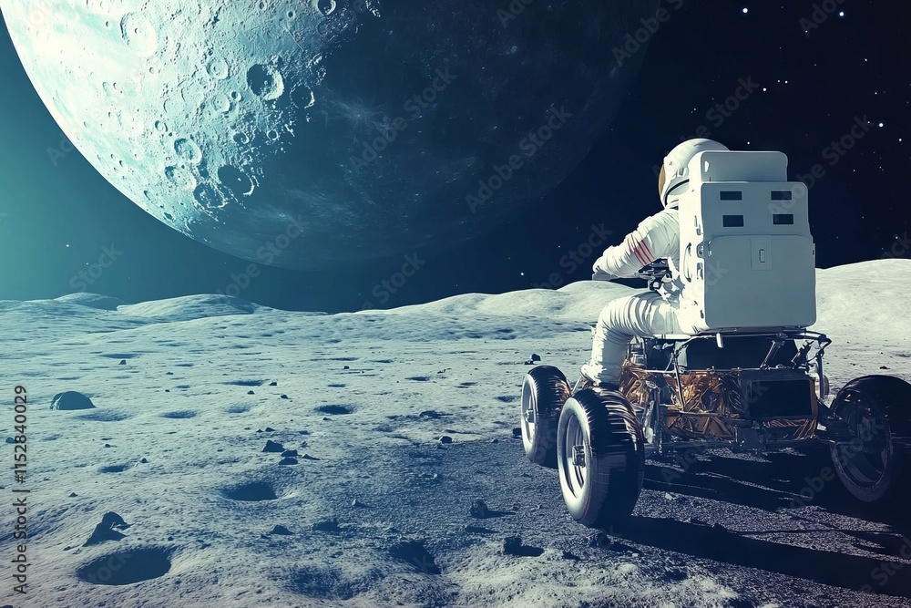 Poster a man in a spacesuit is driving a rover on the surface of a planet