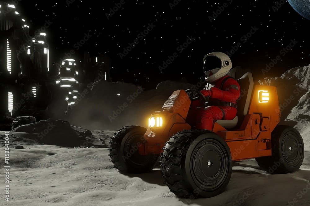 Poster a man in a red spacesuit is driving a red rover on a snowy surface