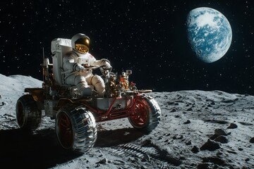 A man in a spacesuit is driving a rover on the moon