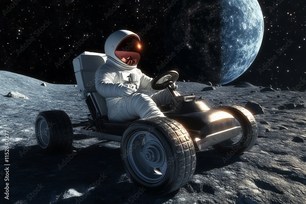 Poster a man in a spacesuit is driving a small vehicle on the surface of the moon