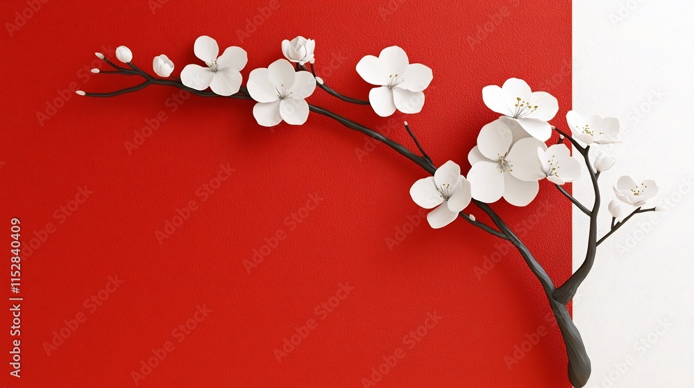 Poster elegant and delicate plum blossom branches in full bloom against a rich festive red backdrop providi