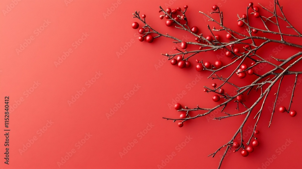 Aufkleber luxurious 3d of delicate plum blossom branches against a rich festive red background creating a rese