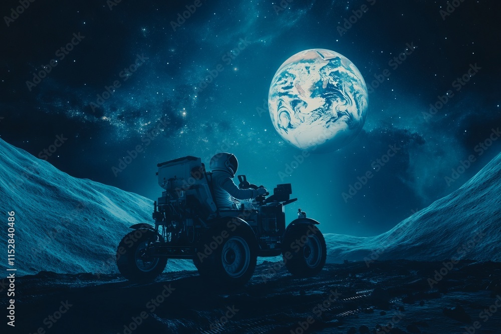 Poster a man in a spacesuit is driving a small vehicle on a planet