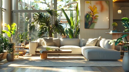 Sunlit Modern Living Room with Sectional Sofa and Abundant Greenery