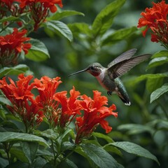 Fototapeta premium A hummingbird drinking nectar from a bright red flower amidst dense green leaves.