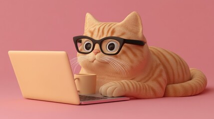 Cute cartoon ginger cat wearing glasses uses laptop.