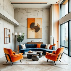 Modern interior design, high ceiling living room, concrete walls, large windows, vibrant orange accents, blue curved sofa, retro-inspired orange armchairs, abstract circular wall art, minimalist decor
