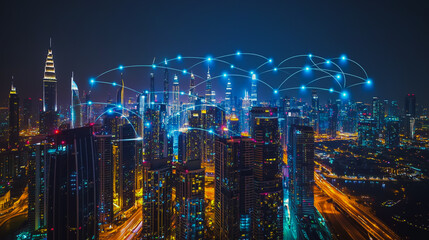 Obraz premium Smart digital city with connection cyber security network reciprocity over the cityscape . future smart wireless digital city and social media networking systems that connects people within the city