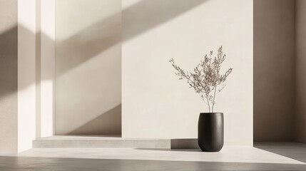 A minimalist interior featuring a black vase with dried flowers against a light wall.