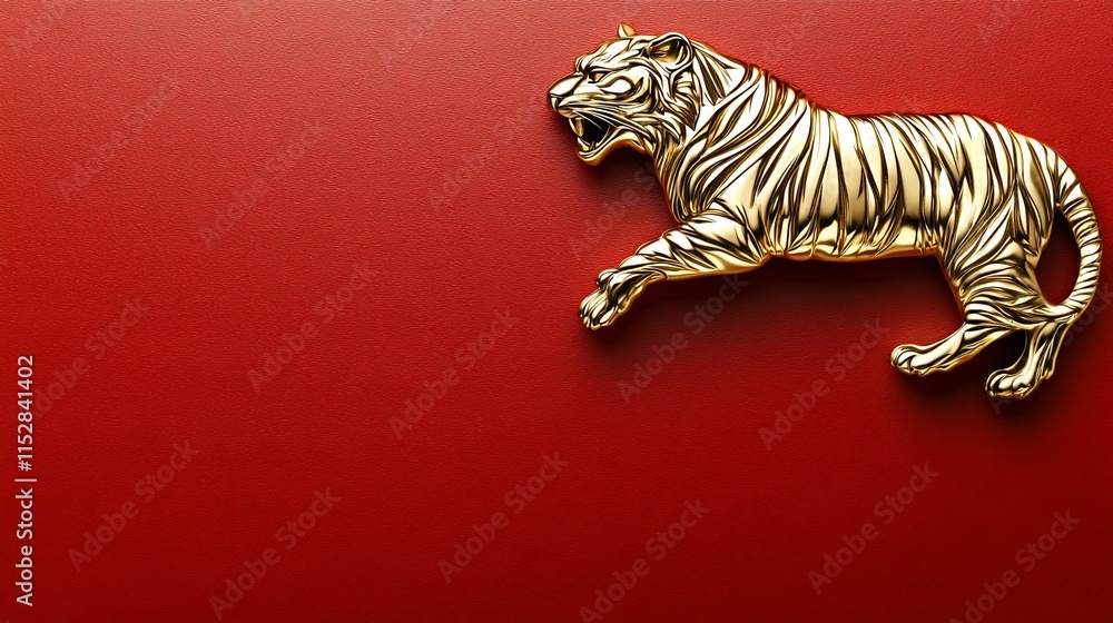 Poster majestic golden tiger motif with a sleek red background and open space for text this 3d showcases th