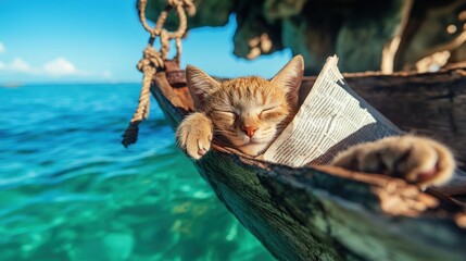 Obraz premium Feline Paradise: Cat Lounging on Hammock, Reading Newspaper on Tropical Island Vacation