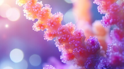 Fototapeta premium Bright and Colorful Coral Underwater Scene with Soft Focus, Featuring Vibrant Coral Structures Surrounded by Abstract Bokeh Background, Perfect for Marine Life and Nature Themes