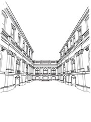 Obraz premium Elegant Palace Courtyard: Detailed Line Art Illustration. AI Generated