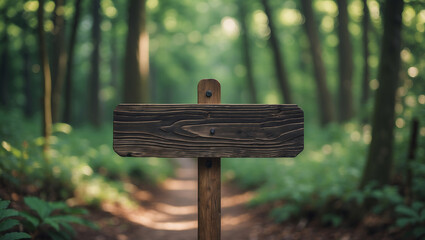 Minimalist wooden directional sign in lush green forest, surrounded by vibrant foliage and soft sunlight filtering through trees, creating serene atmosphere