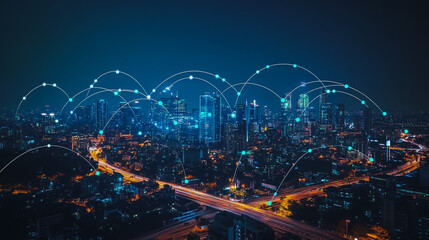 Smart digital city with connection cyber security network reciprocity over the cityscape . future smart wireless digital city and social media networking systems that connects people within the city