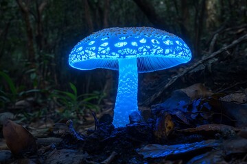 Fantastic glowing mushroom in the forest at night. Psychedelic surreal image.