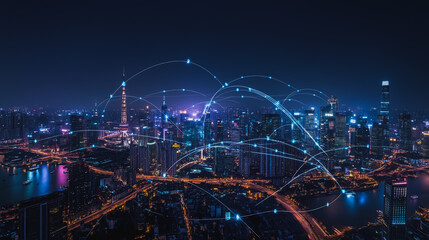 Fototapeta premium Smart digital city with connection cyber security network reciprocity over the cityscape . future smart wireless digital city and social media networking systems that connects people within the city
