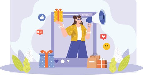 An illustration of an online contest giveaway design for social platforms, featuring a vibrant, eye-catching layout with a prize symbol like a gift box or trophy. 