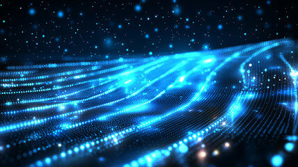 Obraz premium A digital landscape featuring glowing blue particles and lines, creating an ethereal, futuristic atmosphere reminiscent of a sci-fi environment. 