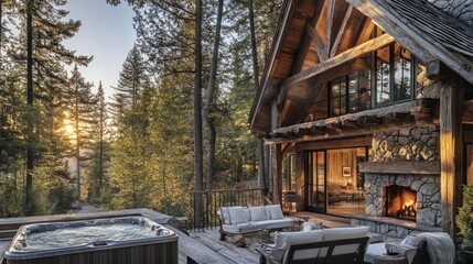 Luxurious mountain cabin with hot tub overlooking a scenic forest at sunset.