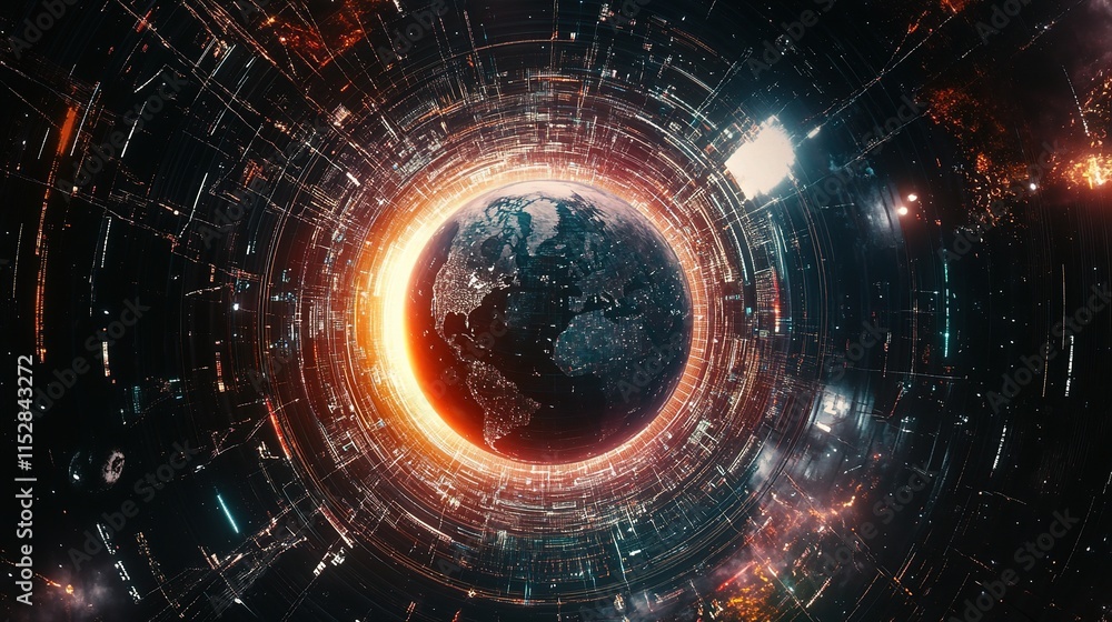 Poster earth surrounded by connection lines and circles in a cosmic setting