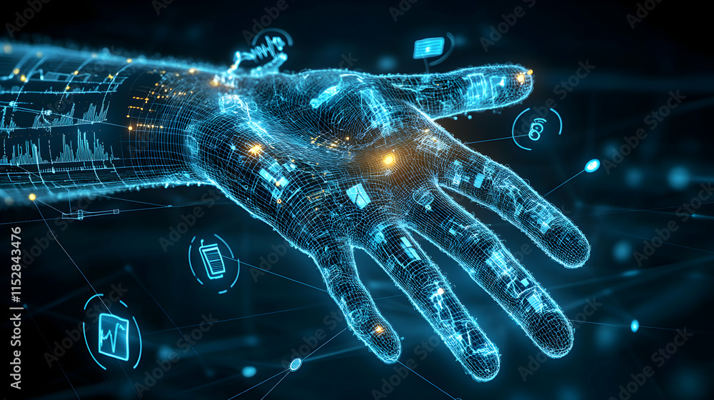 Poster digital hand interacting with data streams, a futuristic network of information connects globally an