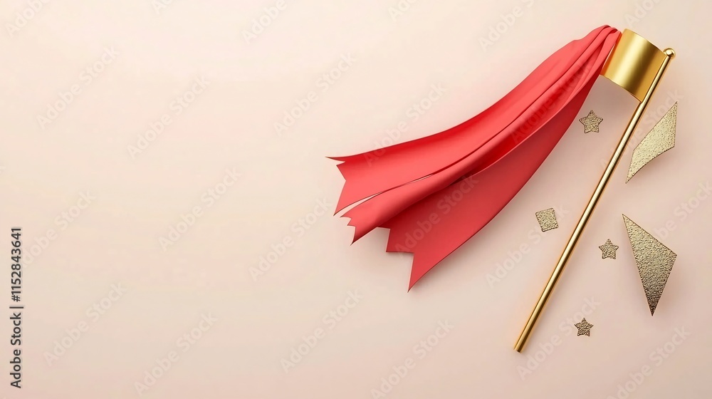 Poster Vibrant 3D of a Waving Red Flag with Elegant Golden Accents Representing Patriotic Unity
