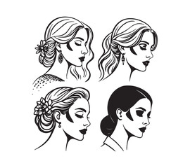 Set of stylized woman faces. Modern single line art. Woman beauty fashion concept, minimalistic style black and white