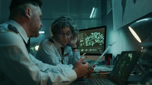 Medium closeup of two Caucasian male and female agents in uniform sitting in military headquarters office, reading top secret file with intelligence report, discussing defense strategy