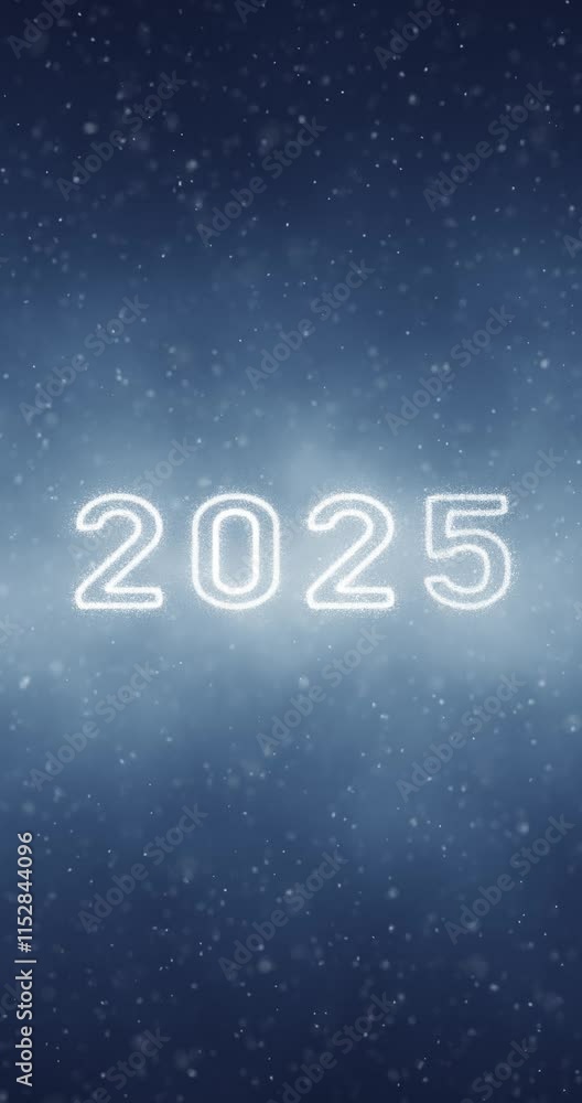 Poster 2025 greetings on blue foggy sky background with loop snowfall vertical background.
