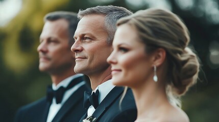Fototapeta premium Elegant Wedding Portrait Featuring Bride and Groomsmen in Classic Black Tie Attire Against a Soft Outdoor Background Capturing a Cherished Moment