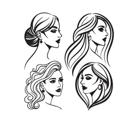 Set of stylized woman faces. Modern single line art. Woman beauty fashion concept, minimalistic style black and white