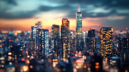 Fototapeta premium A nighttime urban scene featuring modern skyscrapers with sleek glass facades.