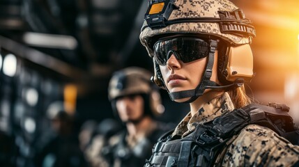 Female Soldier in Tactical Gear Ready for Mission in Military Environment, Tactical Vest, Modern Helmet, Protective Eyewear, Focused and Determined Expression