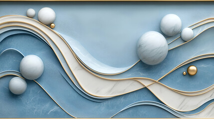Serene Blue & White Marble Art, Abstract Sculptures with Golden Accents Flowing Elegantly Across a Textured Canvas