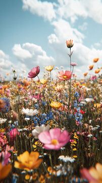 Fototapeta Beautiful meadow field with fresh grass and flowers in nature against a blurry blue sky with clouds. Summer spring perfect natural landscape. 