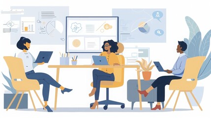 A businesswoman leading a hybrid team, where some employees are present in the office while others join virtually via holograms 