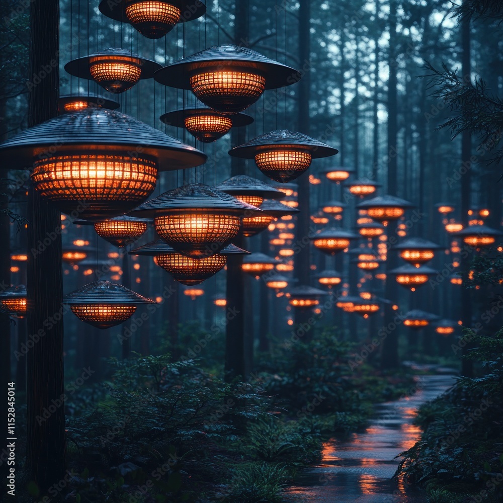 Aufkleber illuminated path through a mystical forest with unique hanging lights.