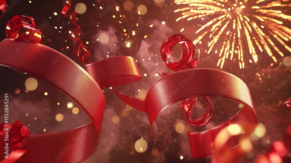Poster festive seamless design featuring a red ribbon and vibrant fireworks backdrop perfect for event part