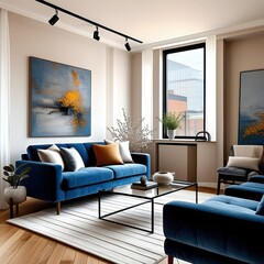 Modern luxury apartment interior, cozy blue velvet sofa, abstract wall art, large windows with city view, hardwood floors, track lighting, minimalist coffee table, rich textures, warm color palette, s