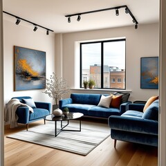 Fototapeta premium Modern luxury apartment interior, cozy blue velvet sofa, abstract wall art, large windows with city view, hardwood floors, track lighting, minimalist coffee table, rich textures, warm color palette, s