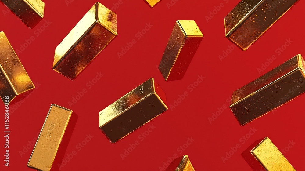 Poster visually stunning 3d showcasing a group of floating golden ingots against a vibrant red background c