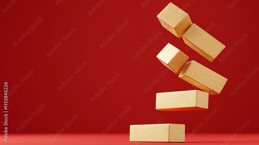Poster visually striking 3d showcasing floating golden ingots against a vibrant red background creating a c